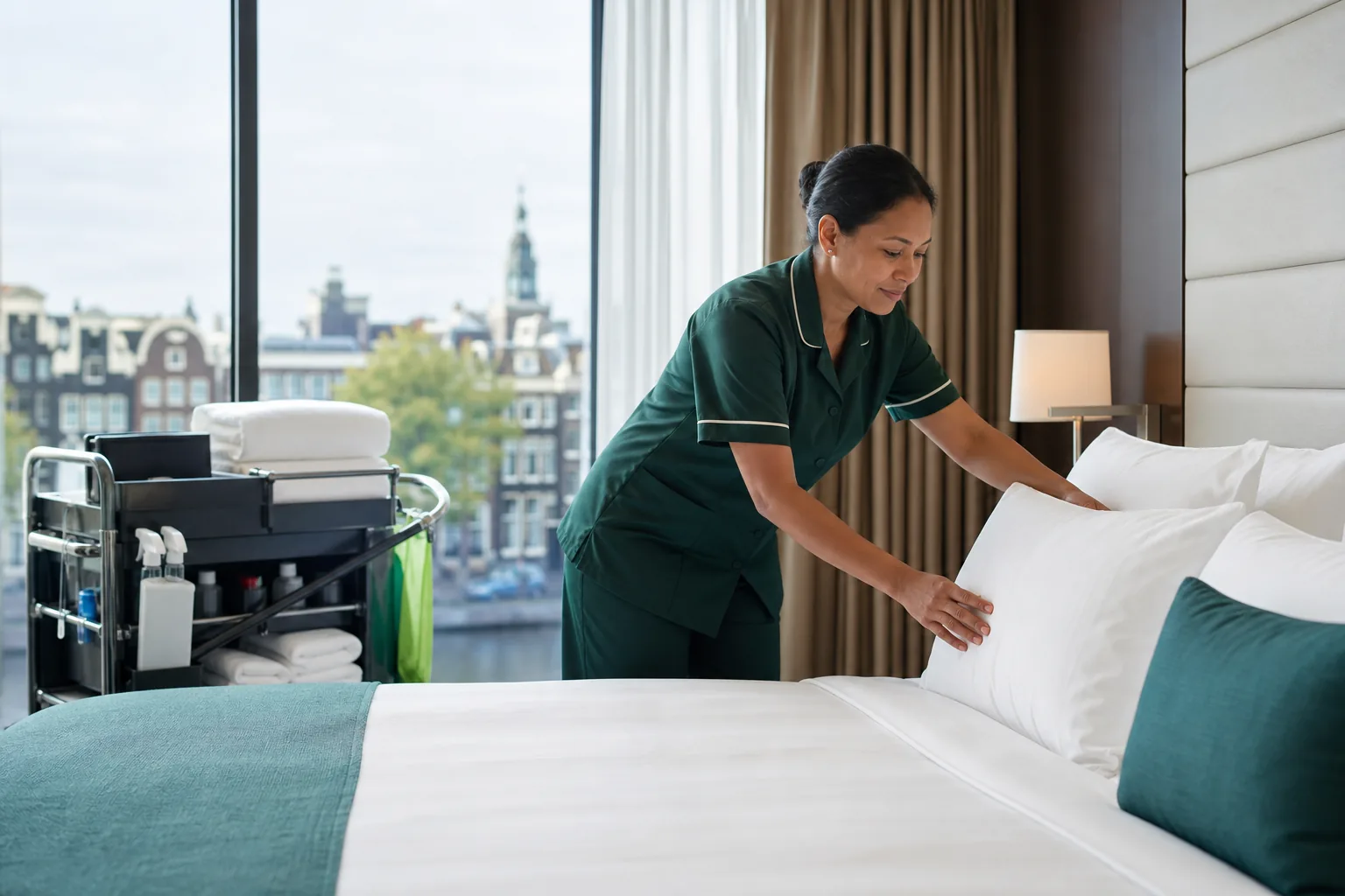 Hotelmedewerkers bereiden een gastvrije ruimte voor