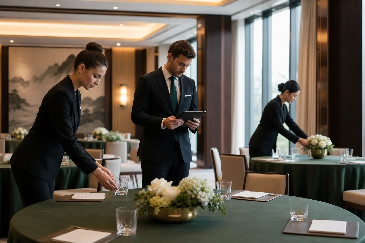 Hospitalityteam op een zakelijke locatie